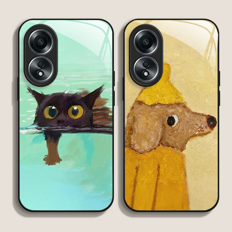 Phone Cases Realme - Olieverfschilderij Gele Hond Zwarte Kat Gehard