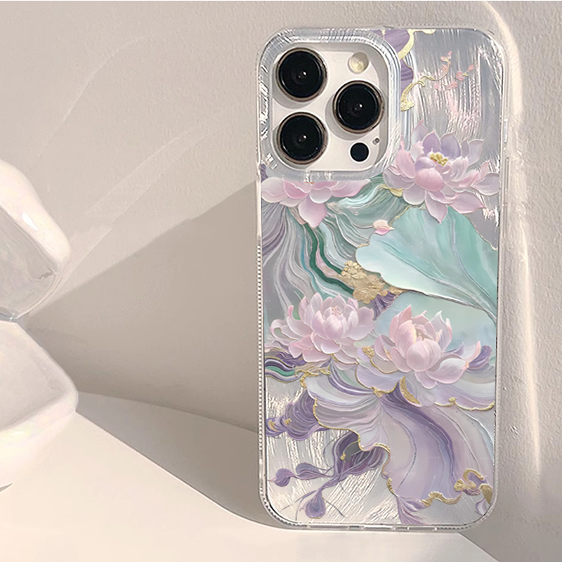 Phone Cases Aesthetic - Dromerige paarse lotusprint, esthetische telefoonhoes voor